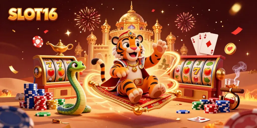 Experience the thrill of SLOT16 with vibrant casino elements and an Arabian Nights theme in this 3D illustration.