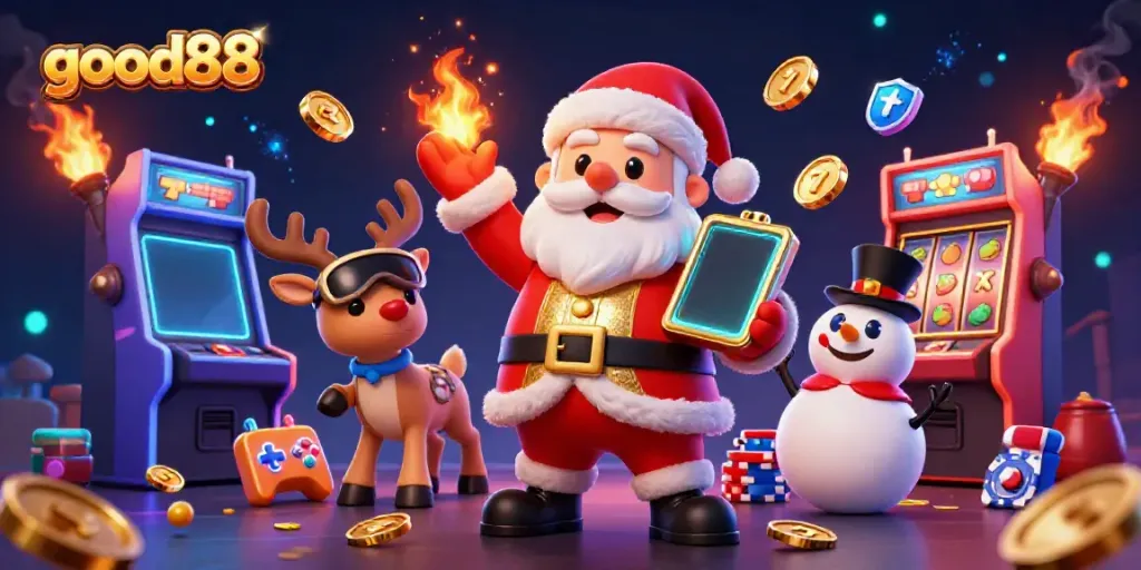 Experience the excitement at good88 with joyful characters and vibrant casino elements in a festive scene.