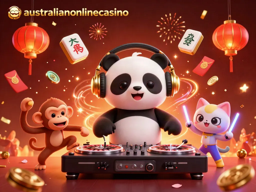 Experience excitement with the vibrant atmosphere of australianonlinecasino featuring a DJ panda and friends celebrating.
