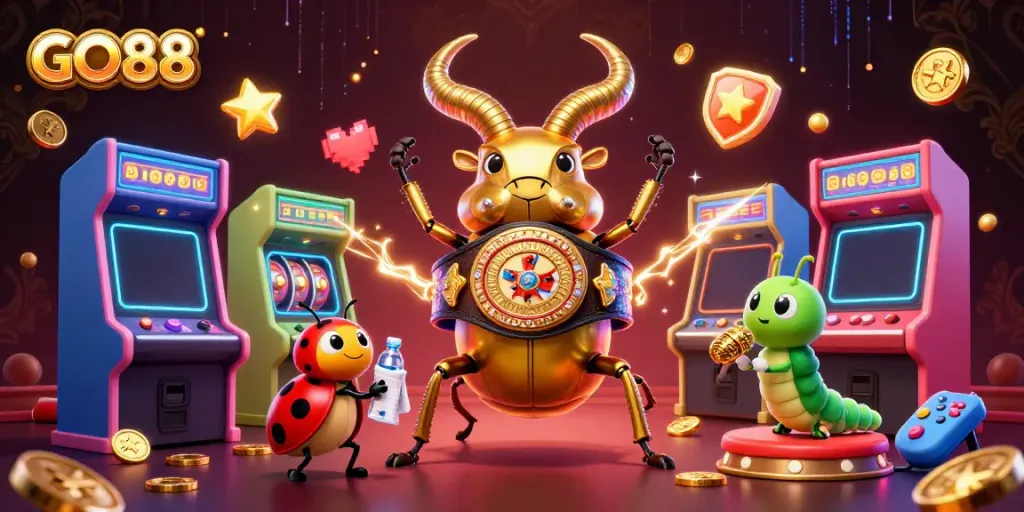 Engage with GO88's vibrant gaming world featuring a dynamic scene with characters and casino elements.
