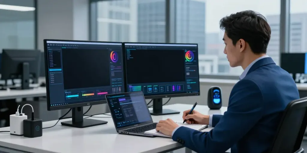 Deepfake protected Online Video Calls environment featuring a cybersecurity analyst monitoring detection software at a modern workspace.