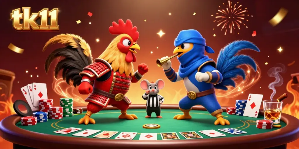 Engage in action with tk11 featuring animated fighting roosters in a vibrant casino scene.
