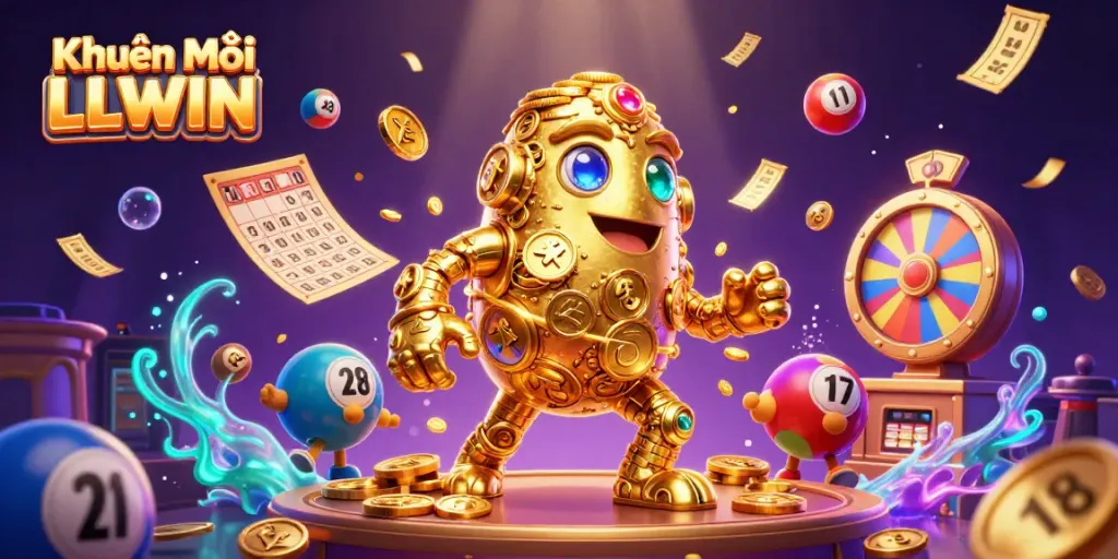 Enhance your gameplay with Khuyến Mãi LLWIN, showcasing a vibrant 3D golden golem amidst lottery elements.