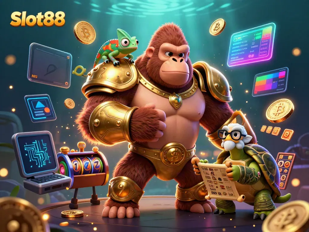 Engage with Slot88's vibrant scene featuring a gorilla king and whimsical characters in a casino atmosphere.