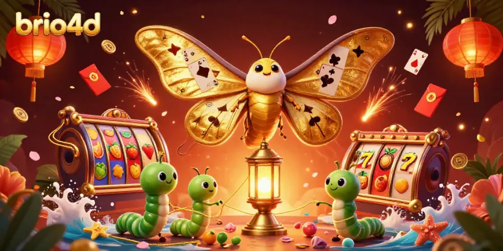 Experience the thrill of brio4d slot gaming with golden moths and vibrant casino elements.