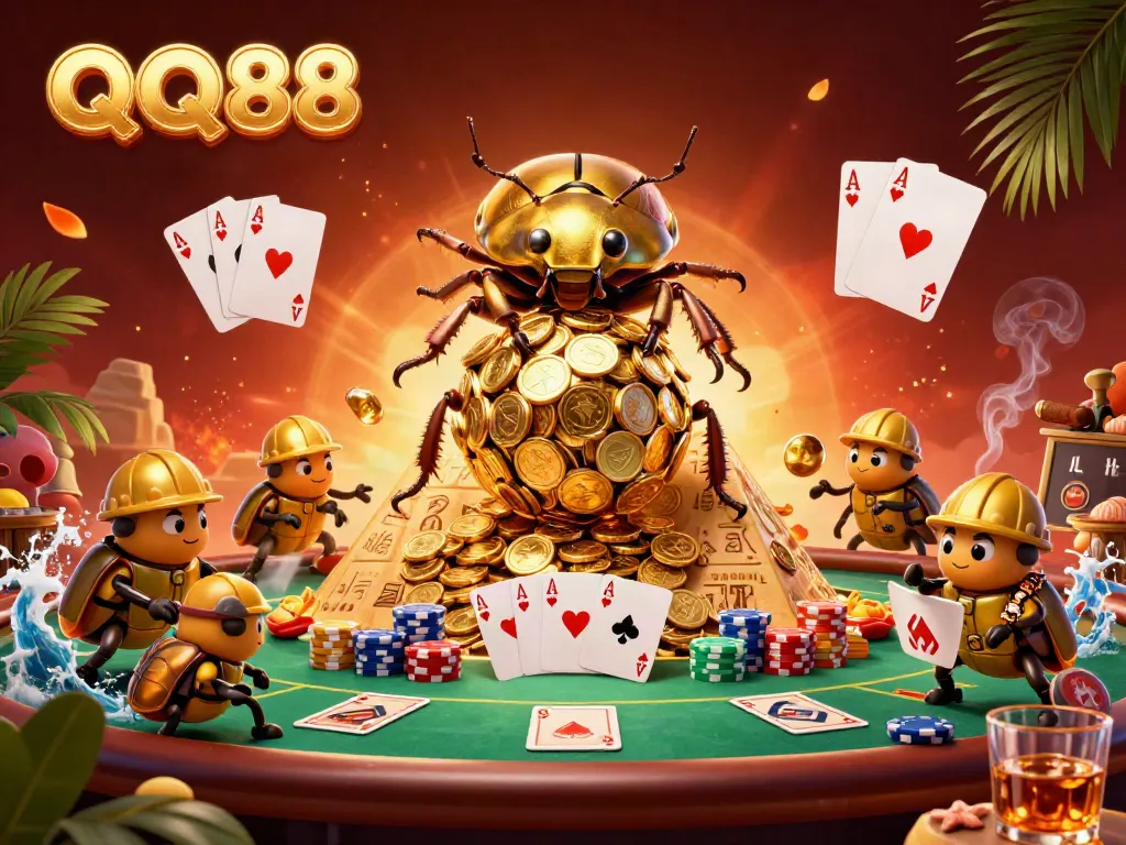 Engage with QQ88's vibrant casino illustration showcasing a golden beetle rolling coin bundles.