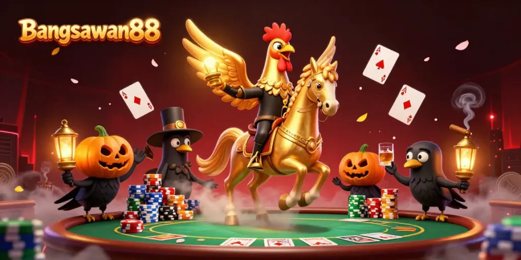 Experience the thrill of gambling at Bangsawan88 with a vibrant casino scene showcasing winning poker compositions and lively characters.
