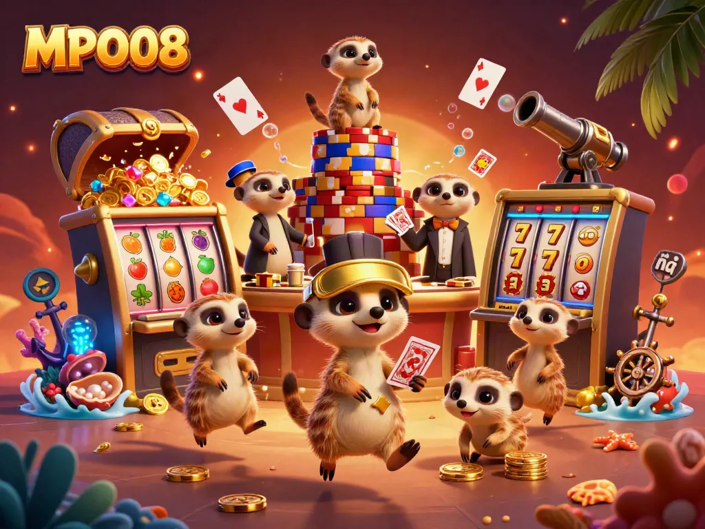 MPO08 meerkats managing a vibrant casino scene with slot reels and lively decorations.