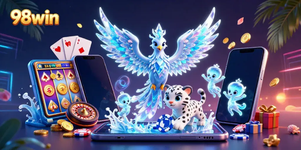 Engage with the dynamic 98win online casino experience featuring a vibrant scene with a phoenix and snow leopard.