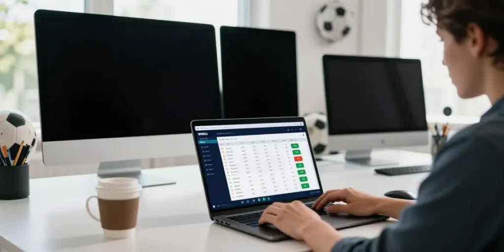 WWBOLA user analyzing sports betting odds on smartphone and laptop in modern workspace.