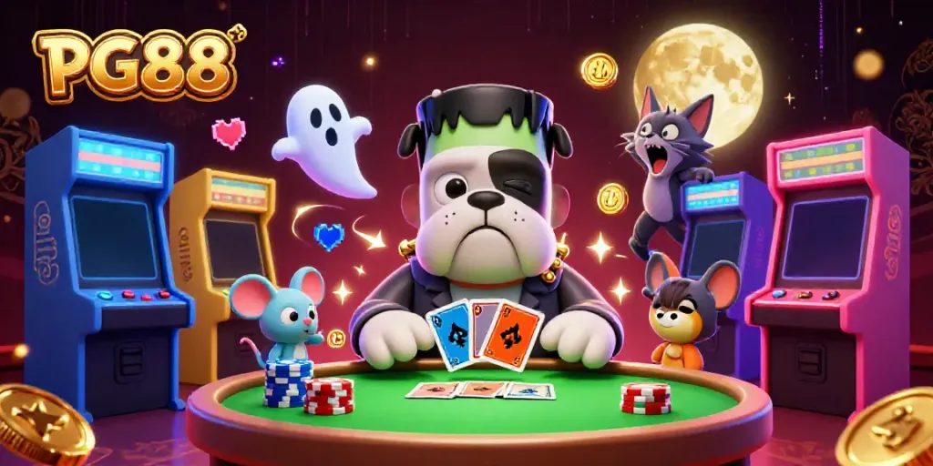 PG88 showcases an engaging casino scene with unique 3D characters playing cards and vibrant gaming elements.