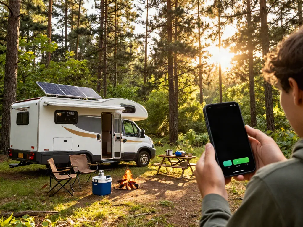 Enhance your off-grid travel with a lithium battery for RV monitoring setup in a forested campsite.
