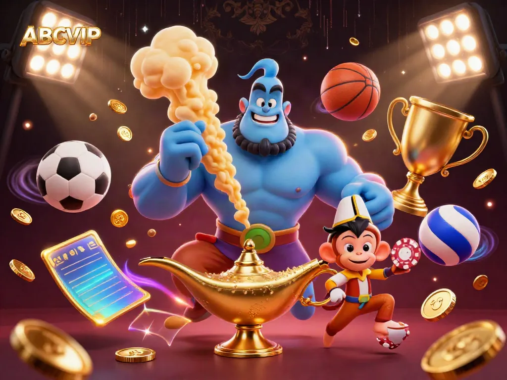 ABCVIP showcases a thrilling casino scene with a genie, monkey, and vibrant sports balls flying through the air.