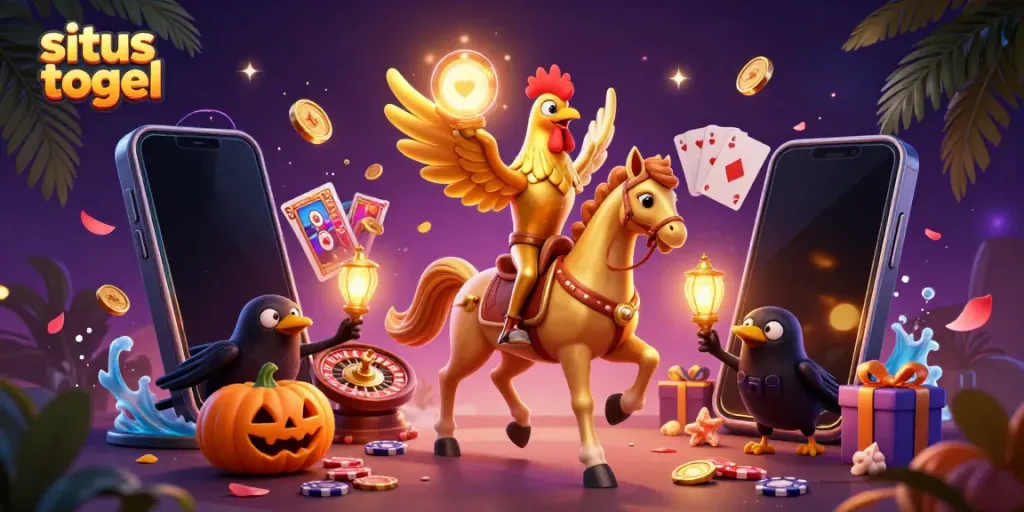 Spin colorful reels and win at situs togel in a vibrant casino scene with golden rooster companions.