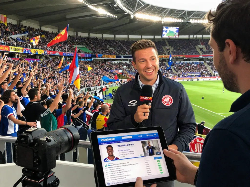 Exciting scene of a journalist reporting on ข่าวฟุตบอลไทย during a lively football match with fans in the background.