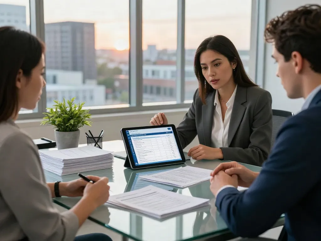 Professional discussion on Alberta loans in a modern financial office.