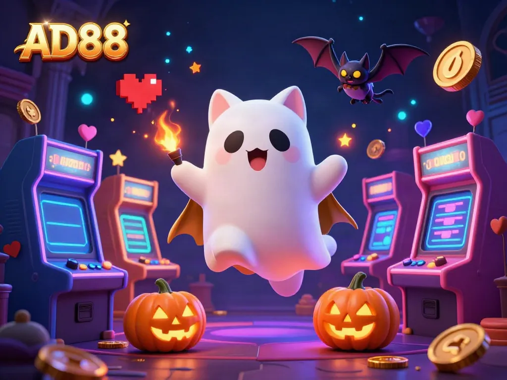 Experience thrilling casino adventures with the friendly ghost cat and vampire bat at AD88, filled with glowing arcade games.