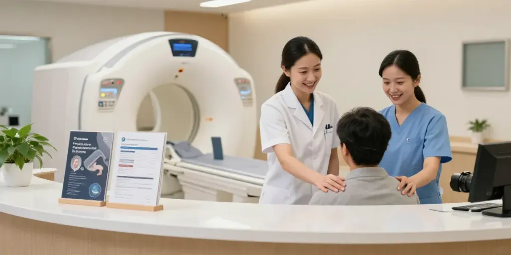 Der Empfangsbereich des Diagnostikzentrums Wolfsburg mit freundlichen Mitarbeitern und moderner Medizintechnik.